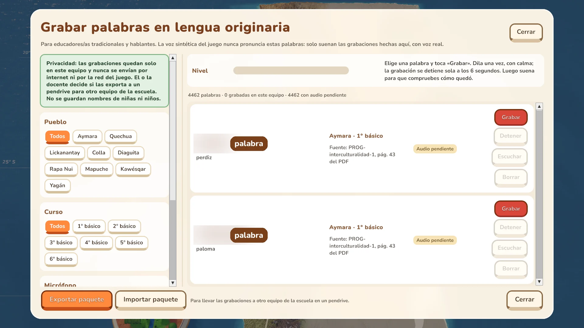 Herramienta Grabar palabras en lengua originaria: filtros por pueblo y curso, nivel del micrófono, lista de palabras con su fuente y botones Grabar, Detener, Escuchar y Borrar