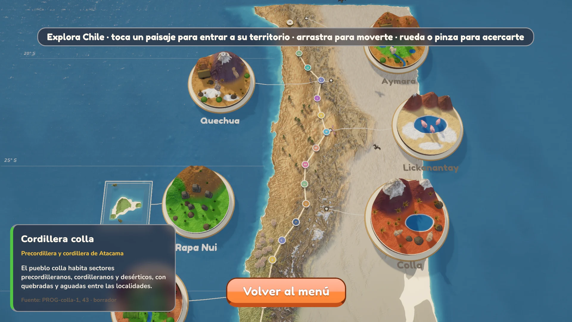 Explorar el mapa: Chile con los dioramas de cada territorio y la ficha de un lugar con su fuente